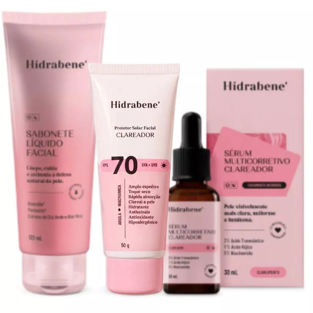 Kit Hidrabene Skincare: Sabonete, Protetor FPS 70 e Sérum Multicorretivo